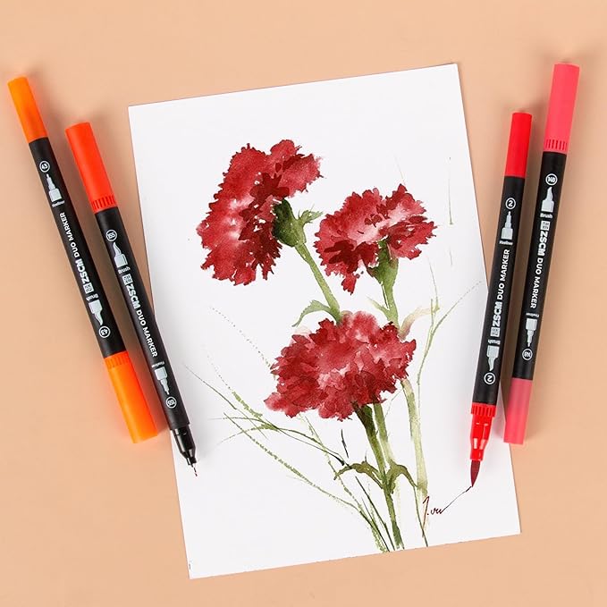 ZSCM Red Duo Tip Marker Pens, 12 Pack Fine & Brush Markers for Adult Coloring Books No Bleeding, Vibrant Red Markers for Holiday Cards, Bold Lettering, Attention-Grabbing Highlights and Logos