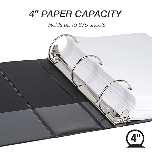Samsill 4 Inch 3 Ring Binders, Economy Round Ring, Clear View Cover, 675 Sheet Capacity - for School, Home, Office - Black, 6 Pack