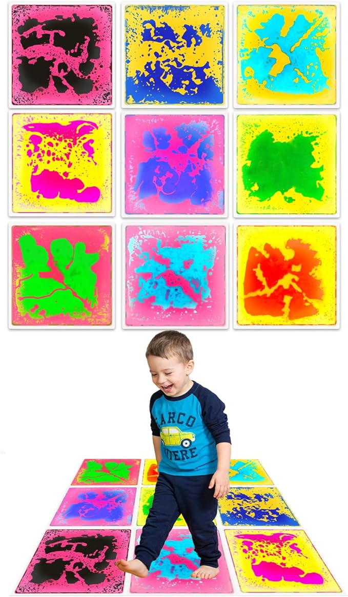 Sensory Liquid Floor Tiles for Kids: Liquid Fusion Activity Mpack with 9 One-Piece Glue-Free Sealing - Autism Toddler Must Haves Educational Sensory Water Play Mats Indoor（12x12inch）