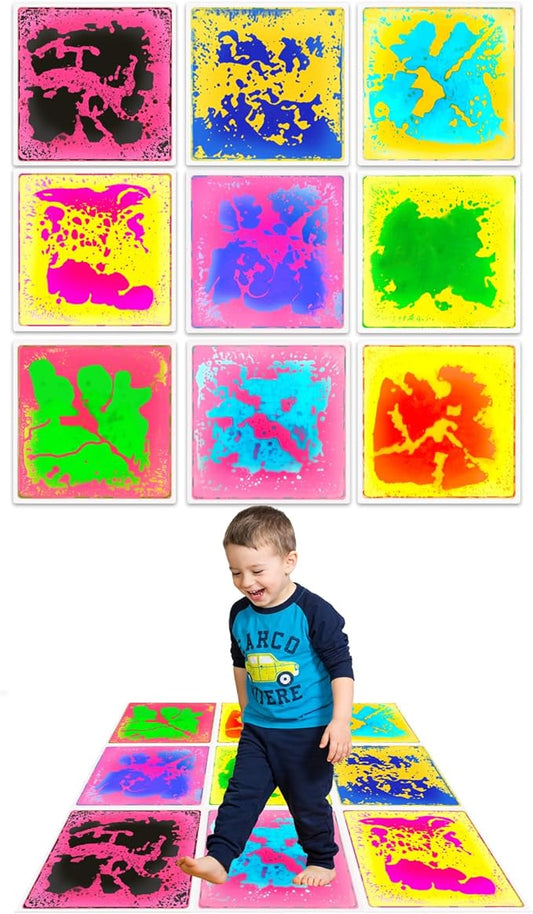 Sensory Liquid Floor Tiles for Kids: Liquid Fusion Activity Mpack with 9 One-Piece Glue-Free Sealing - Autism Toddler Must Haves Educational Sensory Water Play Mats Indoor（12x12inch）