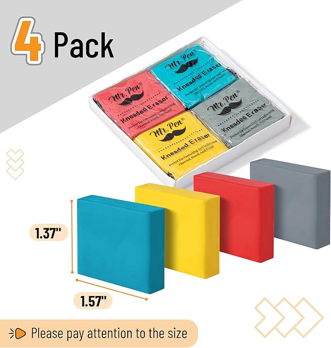 Mr. Pen Kneaded Eraser - 4 Pack, Colorful, Moldable Art Erasers for Artists, Drawing