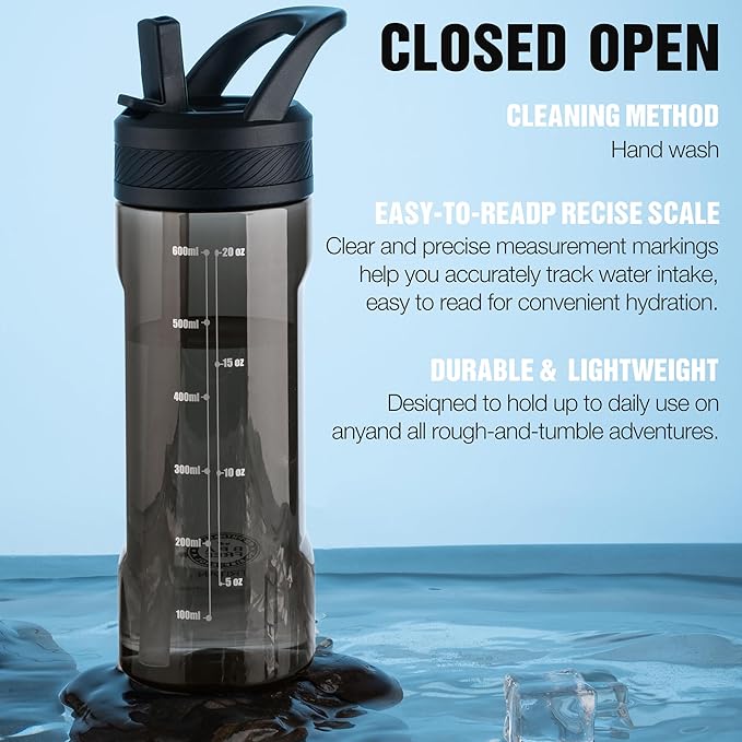 OLDLEY 20oz Kids Water Bottle with Straw, BPA-Free Tritan Water Bottle for School, Leakproof Clear Water Bottle with One Click Open, Measurement Scale, Cup Holder Friendly for Boys Girls,Black