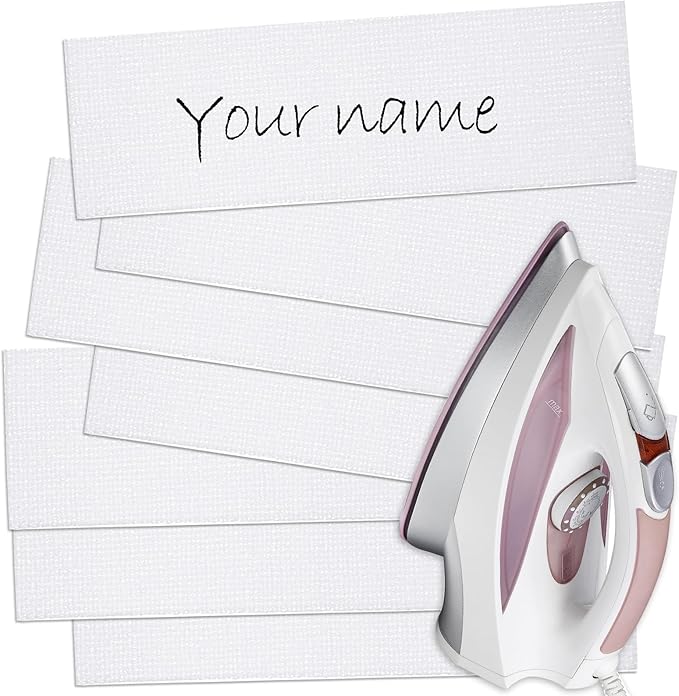 Outus 150 Pieces Iron on Fabric Name Labels for Clothing, 2 x 0.6 Inch Precut Custom Writable Clothes Name Tag Washable Personalized Label for School Nursing Home College Camp Daycare Uniform