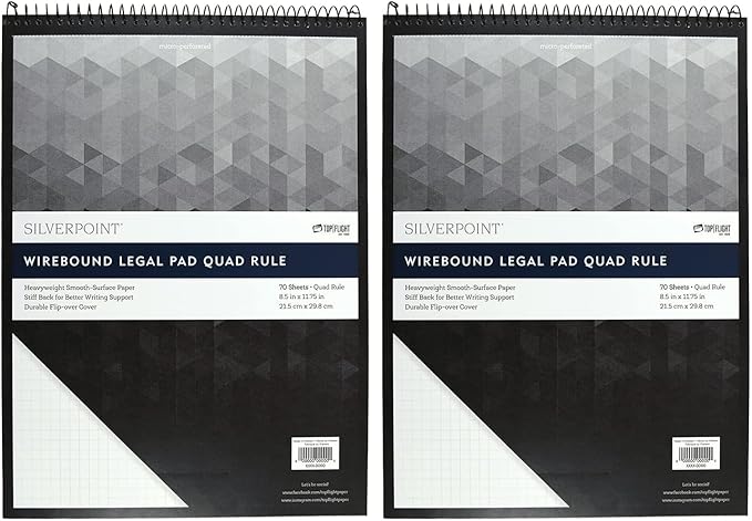 Silverpoint Top Wire Pad, Heavy Back, Quadrille Rule, 8.5 x 11.75 Inches, 70 Sheets, Protective Cover, Blue/Black (51070) (Pack of 2)