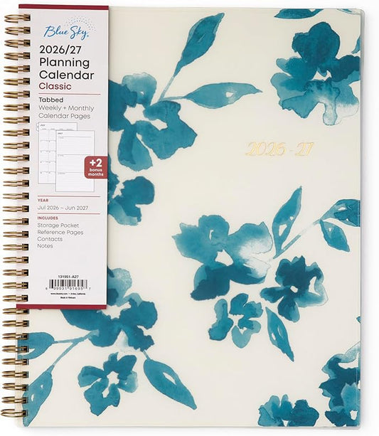 Blue Sky 2026-2027 Weekly and Monthly Academic Year Planner Calendar, July 2026 - June 2027, 8.5" x 11", Flexible Cover, Wirebound, Storage Pocket, Bakah Blue