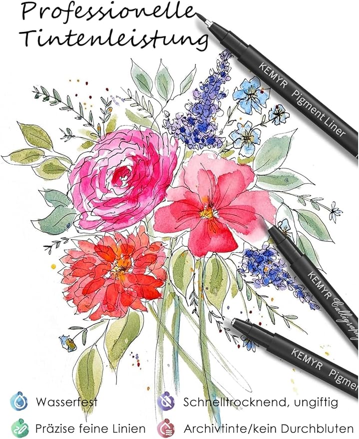 KEMYR 4 Micro Fine liner Drawing Art Pens Calligraphy Pens: XS Size Black Art supplies Waterproof Archival Black Ink Markers For Artists,Use for Professional Watercolor,Sketching