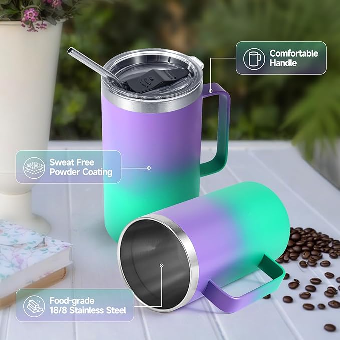 Volhoply 22oz Insulated Stainless Steel Coffee Mugs with Leakproof Lid Bulk 2 Pack,Double Wall Vacuum Travel Coffee Cup with Handle,Reusable Metal Tumbler,Camping Mug Keep Hot&Cold(Purple Green,2)