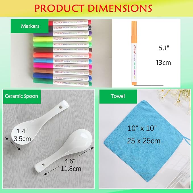 Kiddies Create Magical Floating Drawings Bundle, 12 Colors Magic Drawing Pens for Kids Water, Magical Water Painting Pen Set with Spoons & Towel, Water Art Markers for Tattoo, Gifts for Boys & Girls