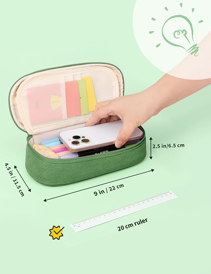 SUNEE Cute Pencil Case, Large Pencil Pouch, Soft Corduroy Fabric Big Pencil Bag with Zipper, Kawaii Pen Bag Stationery Storage and Organizer, School Supplies for Teen, Student, Boys, Girls, Soft Green