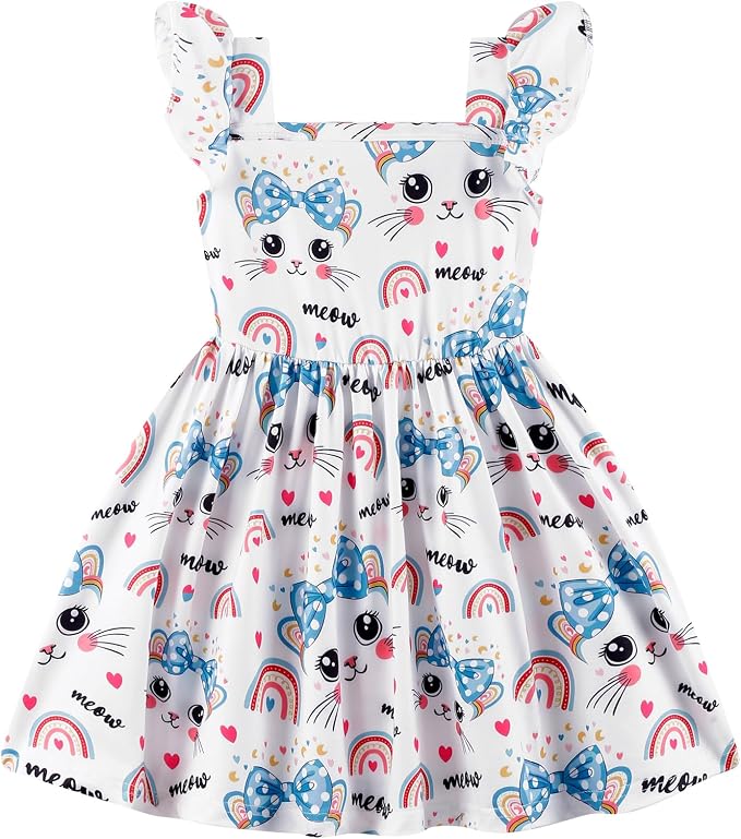 Popshion Girls Dresses Flutter Sleeve Swing Sundress Toddler Summer Clothes Kid Birthday Party Sleeveless Dress 1-8 Years Old