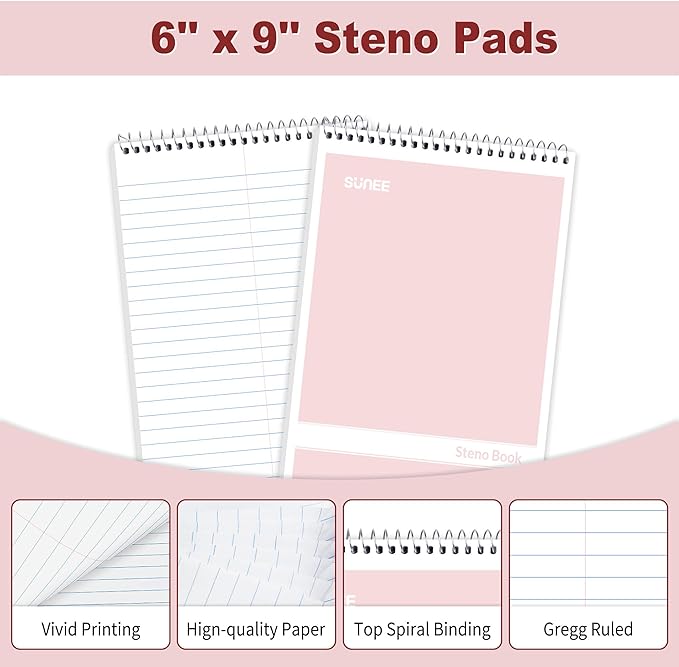 SUNEE 12 Pack Steno Pads 6x9 Inch, Gregg Rule, 60 Sheets, 6 Assorted Color Top Spiral Notebook, White Paper for School, University, College, Work and Office