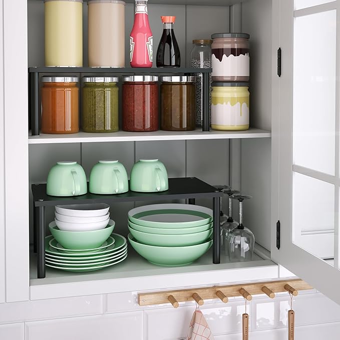 VERTORGAN Cabinet Organizer Shelf(Set of 2),Kitchen Counter Shelves,Bamboo Spice Rack Countertop and Cabinet,Stackable Expandable,Medium(Black)
