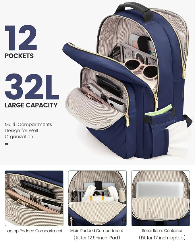 LOVEVOOK Laptop Backpack for Women, 17 Inch Large Capacity Travel Computer Work Bags, Business Nurse Backpack Purse for Womens, Backpacks, Navy