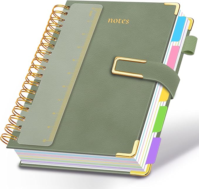 Hardcover Spiral Notebook College Ruled, 8.5"x11" Leather Journal Notebook with Magnetic Closure, 300 Pages 5 Subject Notebook with Dividers Tabs Journal for Women Men, Work, School(Sage Green)