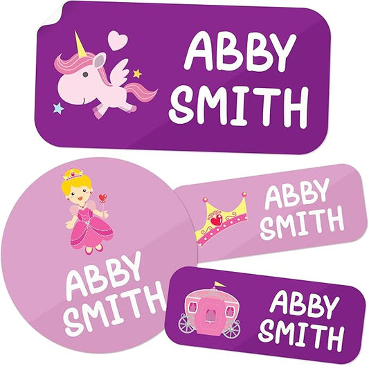 Personalized Daycare Name Labels for Kids, (130 Pack) Waterproof Custom Name Stickers for Clothing Tags, Lunch Boxes and School Supplies, Made in USA by MSC -Princess