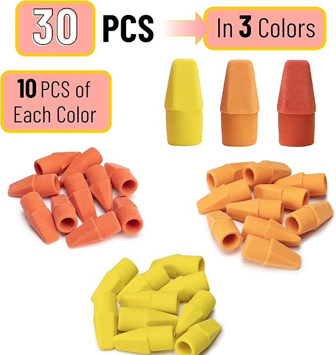 Mr. Pen- Pencil Top Erasers, 30 Pack, Latex-Free, No-Smudge Cap Pencil Erasers for Precise Erasing, Kids, Teachers, Studying Supplies, Sunset Scheme