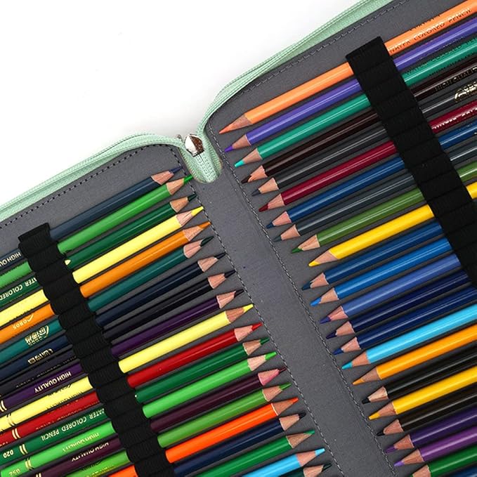 Vomgomfom 200 Slots Pencil Bag, 4-Layer Zipper Portable Art Supply Organizer, PU Leather Large Capacity Colored Pencil Case with Handle for 200 Watercolor Pens, Gel Pens (Green)