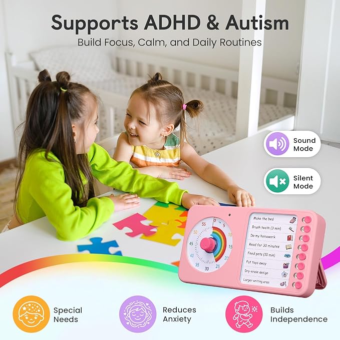2-in-1 Visual Timer with Task Board for ADHD & Autism, Dry Erase Chore Chart and Visual Schedule for Kids & Adults, Rainbow Countdown Timer for Classroom, Home, Homeschool (Pink)