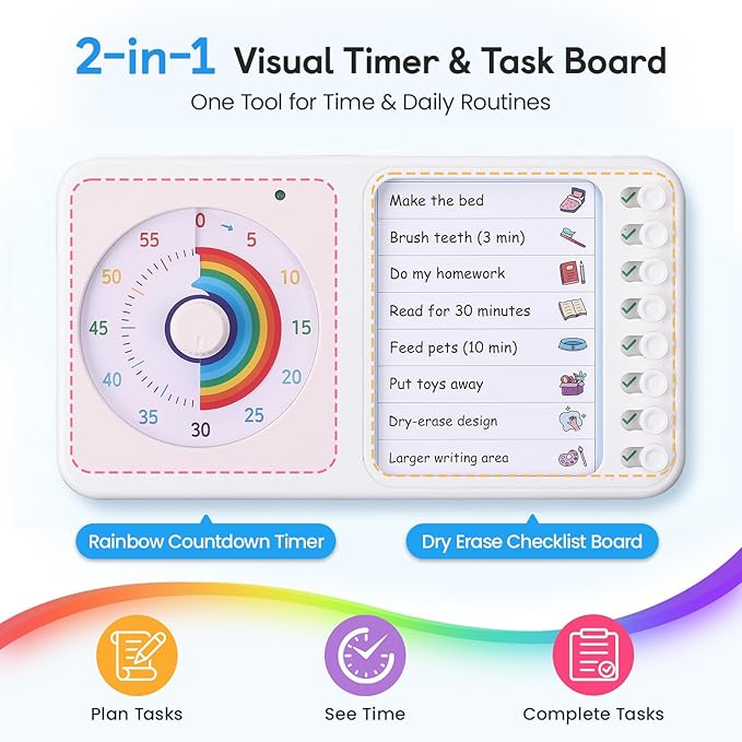 2-in-1 Visual Timer with Task Board for ADHD & Autism, Dry Erase Chore Chart and Visual Schedule for Kids & Adults, Rainbow Countdown Timer for Classroom, Home, Homeschool (White)