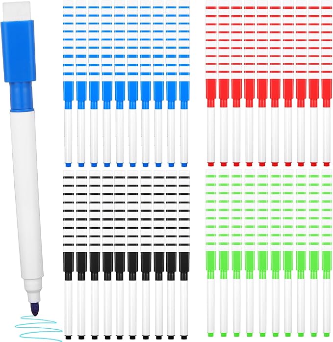 Ptwola 200PCS Magnetic White Board Markers with Erasers Cap, Dry Erase Colorful Fine Point Tip Markers Mini Erasable Whiteboard Pens with 4x100pcs Sticky Notes for Teachers Home Office Supplies