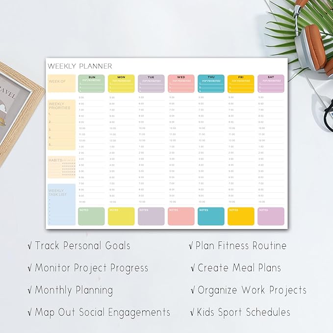 Undated Weekly Hourly Planner Notepad, Tear-Off ADHD Planner,Weekly Planner,Weekly Schedule Planner,Weekly To Do List Notepad(52 Sheets,8.5"x11",Colorful)