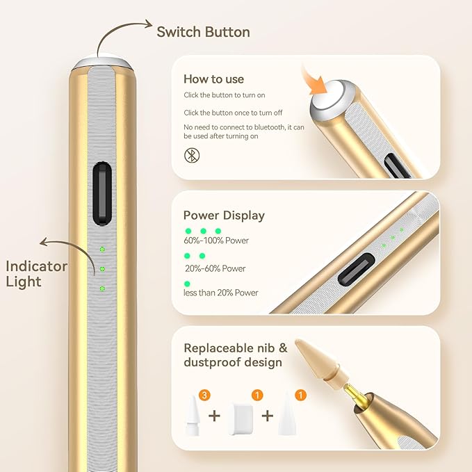 Hastraith Stylus Pen for iPad(2018-2026)-13 Mins Fast Charge with Tilt Sensitivity & Palm Rejection for iPad 11/10/9/8/7/6th Gen, Air 5/4/3/M4/M3/M2, Pro 13"/12.9"/11"/M4, Mini 7/6/5th, Metallic Gold