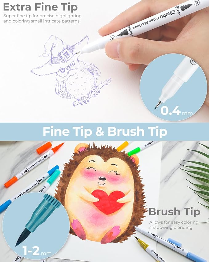 Ohuhu Markers for Adult Coloring Books No Bleeding 36 Colors Coloring Markers Water-based Dual Tips Fineliner & Brush Drawing Pens Art Pens for Kids Adults Sketch Journal - Maui - White
