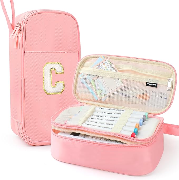 Extra Large Pencil Case,Big Capacity Pencil Pouch,Personalized Initial Pencil Bag with smooth zipper,Multiple Pockets,Cute Aesthetic Stationery Pen Case Bag for Teen Girls College (Pink, C)