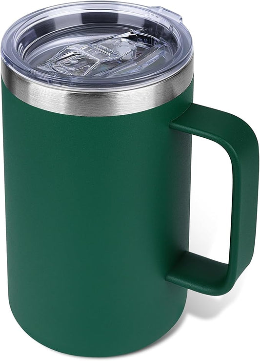 22oz Insulated Coffee Mug with Handle & Leak-Proof Lid - Double Wall Stainless Steel Travel Tumbler for Commute/Office/Home, Dark Green, 1 Pack