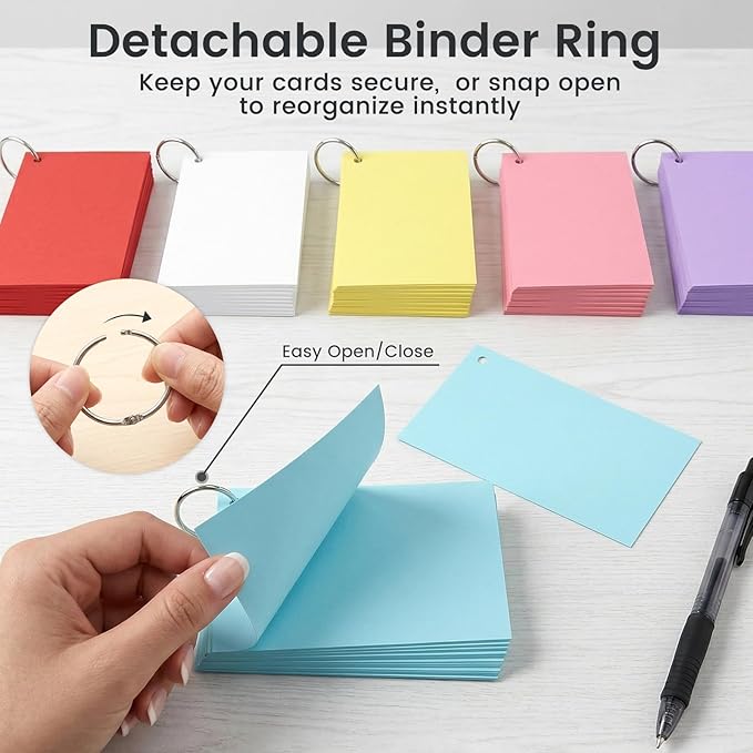 BOOKNOW Index Cards 3x5, Flash Cards with Ring, 260PCS Colored Notecards for Studying, Portable Notecards Note Taking for Students, Teachers, Office Home School, 6 Colors