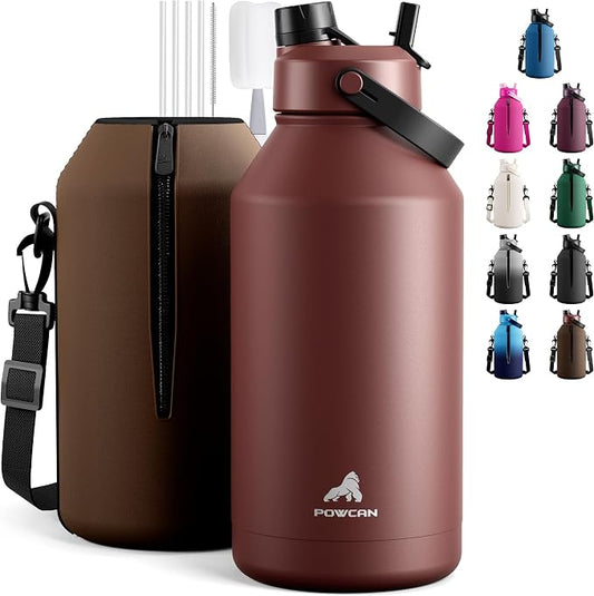 POWCAN 64 oz Insulated Water Bottle with Carrier Bag, Leakproof, Straw and Spout Lid, Keep Cold 48H, Cleaning Brush, BPA-Free, Stainless Steel Water Bottle for Travel, Sports and Picnic (Cocoa)