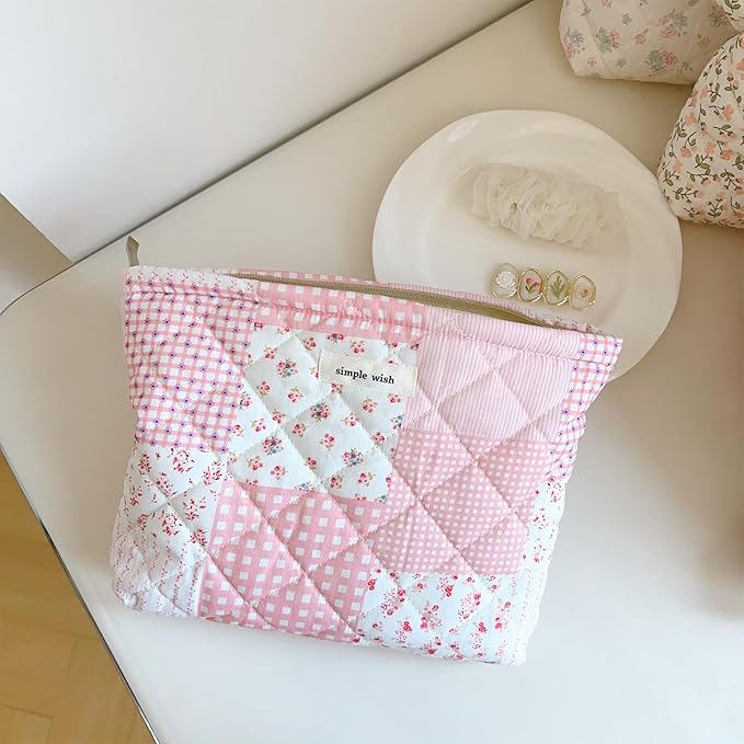 Sminra Floral Makeup Bag Large Cotton Quilted Cosmetic Makeup Bag Organizer, Cottagecore Aesthetic Portable Pouch Purse Toiletry Bag for Women Girls Travel accessories