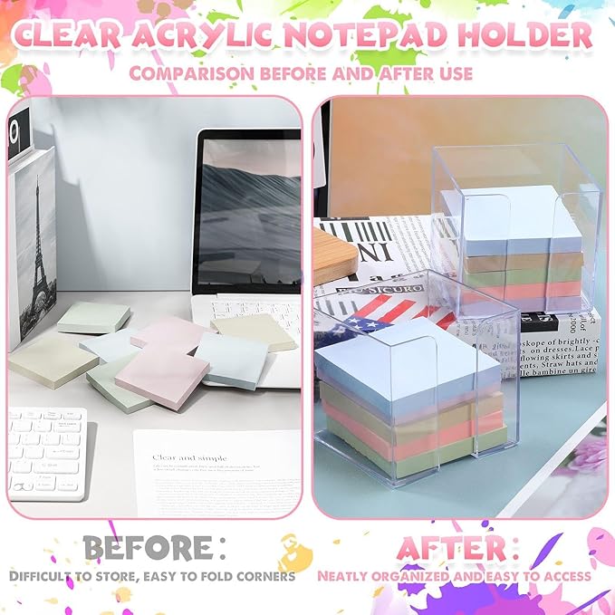 Fuyoooo 3 Pack Acrylic Sticky Note Holder with 15 Pads Morandi Color Sticky Notes Clear Sticky Note Holders and 3x3 Inch Sticky Note Set for Office Desk Meeting Supplies