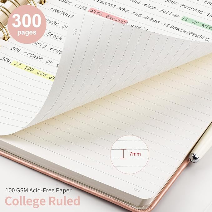 EMSHOI B5 College Ruled Spiral Notebook, Thick 300 Numbered Pages, 100GSM Ink-Proof PU Leather Hardcover Lay-Flat Lined Journal for Work Office School Writing, 7.48"x10.15", Rose Gold