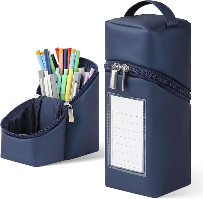 Standing Aesthetic Pencil Case Pouch Large Capacity Preppy for Teen Girls,Double Zipper with Handle Multi Compartments Organizer Navy Blue