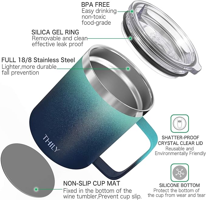 THILY Stainless Steel Insulated Travel Mug 12 oz Vacuum Insulated Coffee Cup with Handle, Spill-proof Lid, Keep Coffee Cold or Hot, for Camping or Outdoor, Green & Navy