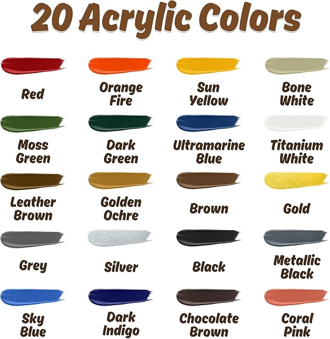 X ARTY HUB Model Paint Set - 20 Colors with 3 Brushes, Miniature Paints (Base/Skin Tones/Shadows/Metallics) for Airbrushing & Hand Painting, Acrylic Paint for Models, Miniatures & Wargaming Props
