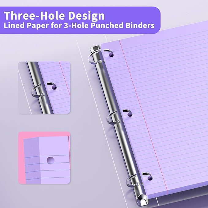 Purple Loose Leaf Paper 120 Sheets Purple Paper 8" x 10.5" College Ruled Paper Colored Notebook Paper 3-Hole Punched Lined Paper, 3 Ring Binder Paper 8 x 10.5 Filler Paper for School Office Supplies