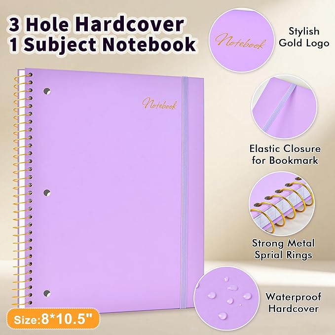 Spiral Notebook College Ruled Paper 8" x 10-1/2", 1 Subject Spiral Notebook 80GSM Paper, 3-Hole Punched Perforated Pages Ideal for School, Office, Writing, 75 Sheets Lined Journaling Notebook, Purple