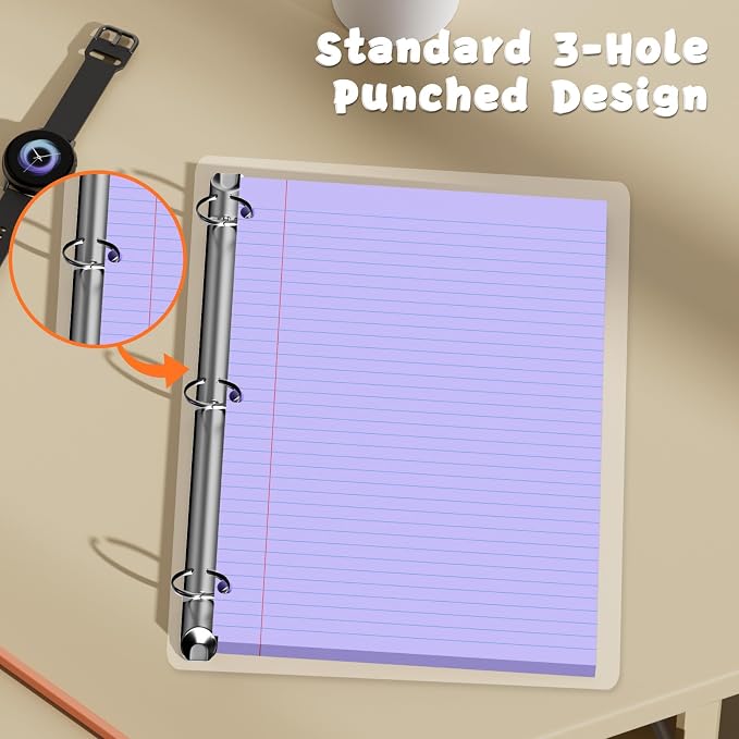 120 Sheets Purple 8x10.5 Inch Loose Leaf Paper, College Ruled Filler Paper, 3 Hole Punched Notebook Paper for 3 Ring Binder, Premium Notebooks Paper for Students & Teachers, Office & School Supplies