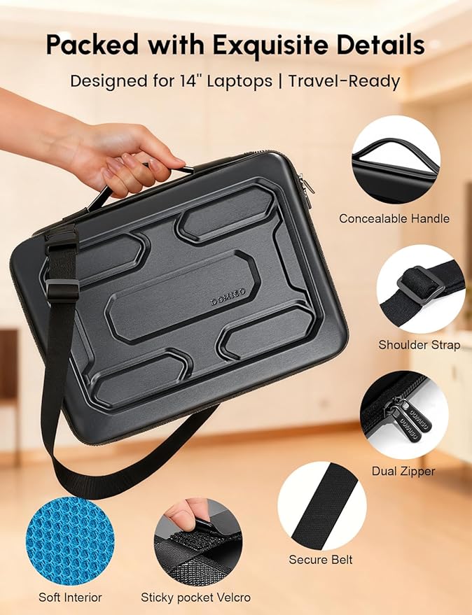 DOMISO 13.3 inch Laptop Sleeve Shoulder Bag Shockproof Waterproof Computer Bag EVA Protective Carrying Case Handbag for 13-13.3" Notebooks/13 MacBook Air/Pro Retina/Dell XPS 13/Samsung/HP, Black