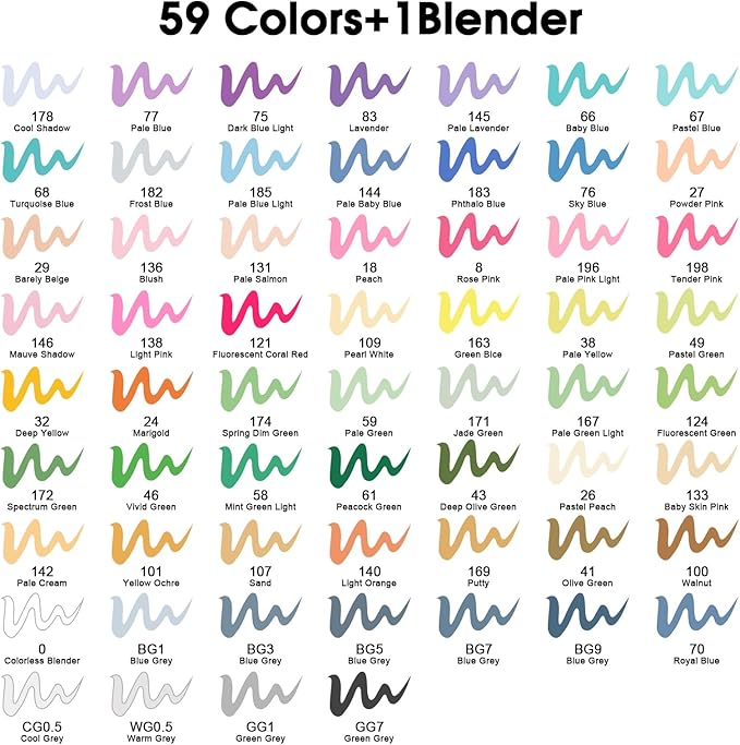 Alcohol Markers,60 Colors Dual Tip Brush & Chisel Tip Art Marker Set,for Blending & Shading,Ideal for Coloring Books and Professional Artwork,Includes Blender Pen & Portable Case,Ideal for All Ages