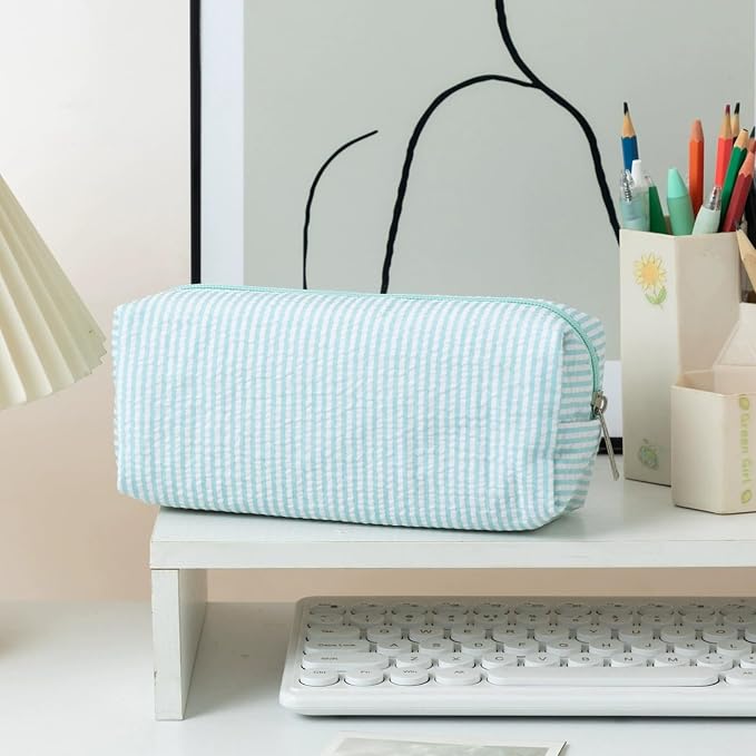 Cute Large Capacity Pencil Case | Aesthetic Striped Pencil Pouch for Office Supplies Organizer (Light Blue)