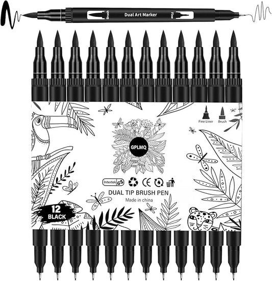 Black Drawing Pens, 12 Pack Felt Tip Markers for Adults and Kids, Dual Tip Brush Fineliners Pens for Art Drawing Sketching