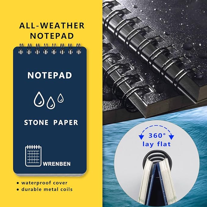 4PCS Weatherproof Spiral Notebook 3x5 Inch with Stone Graph Paper and PVC Cover, Small Pocket Notebook A7, All-Weather Steno Pads for Outdoor Field Adventure (Blue, 4 Pack)