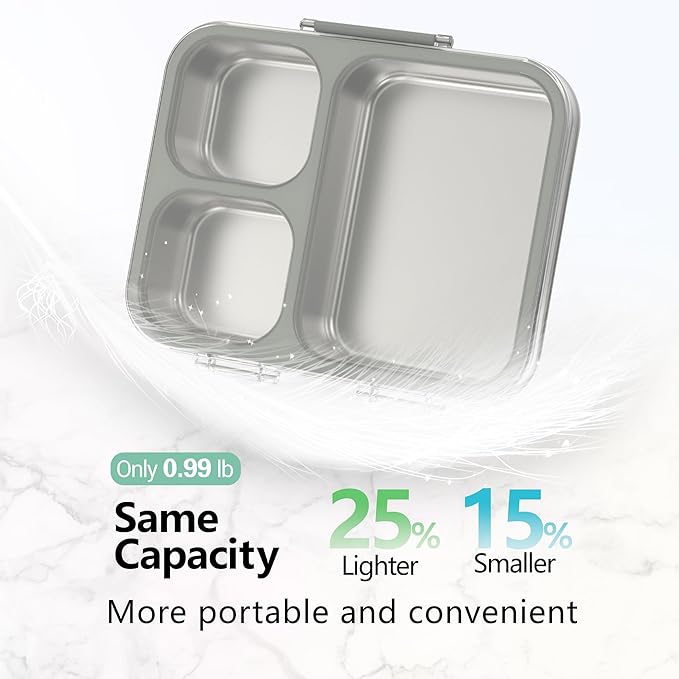 HOMEKOL Stainless Steel Bento Lunch Box, 3-Compartment Leak-Proof Metal Lunch Container for Kids & Adults, BPA-Free, Dishwasher Safe, Clear Tritan Lid, 4.2Cups/1000ml Grey (Not Insulated)