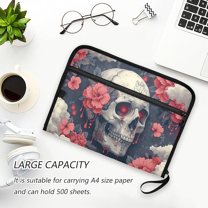 Skull Head with Flower 13 Pocket File Organizer Expanding File Folder with Front Pouch Portable Business Fire Storage Document Organizer Folder with Zipper