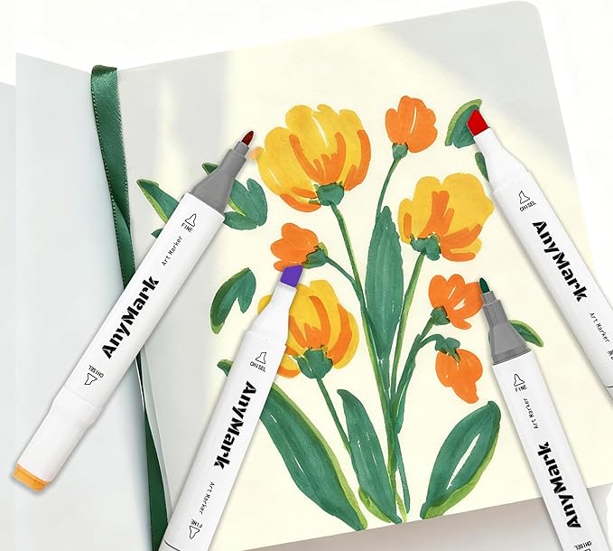 AnyMark Alcohol Markers, 48 Colors Dual Tip Art Coloring Markers Set for Adult Book Drawing Sketching Painting, Chisel & Fine, White Penholder