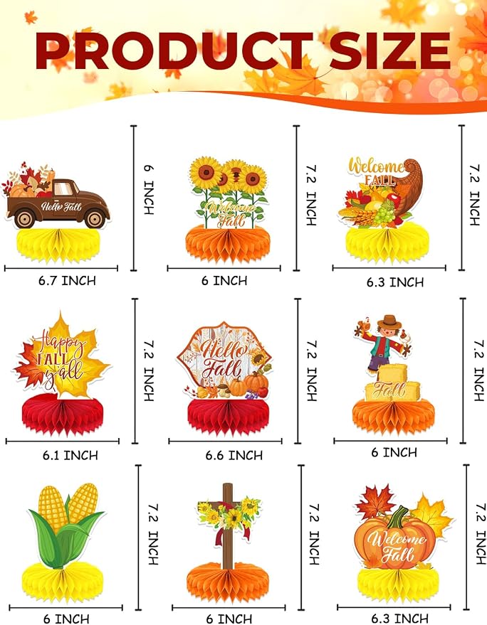 Fall Table Decorations - 9Pcs Fall Centerpieces for Tables Autumn Honeycomb Centerpieces 3D Pumpkin Maple Leaf Table Topper for Friendsgiving Harvest Birthday Thanksgiving Party Decorations