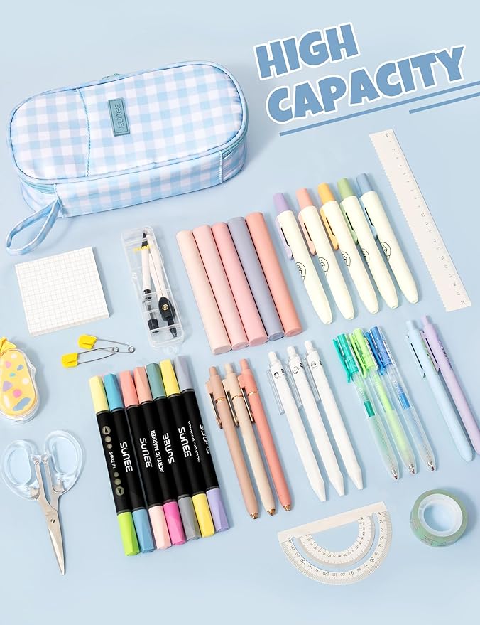 SUNEE Cute Pencil Case, Aesthetic Pen Pouch, Colored Large Pencil Bag with Zipper, Kawaii Stationery Storage and Organizer, School Supplies for Teen and Adult Girls, Blue Checkered